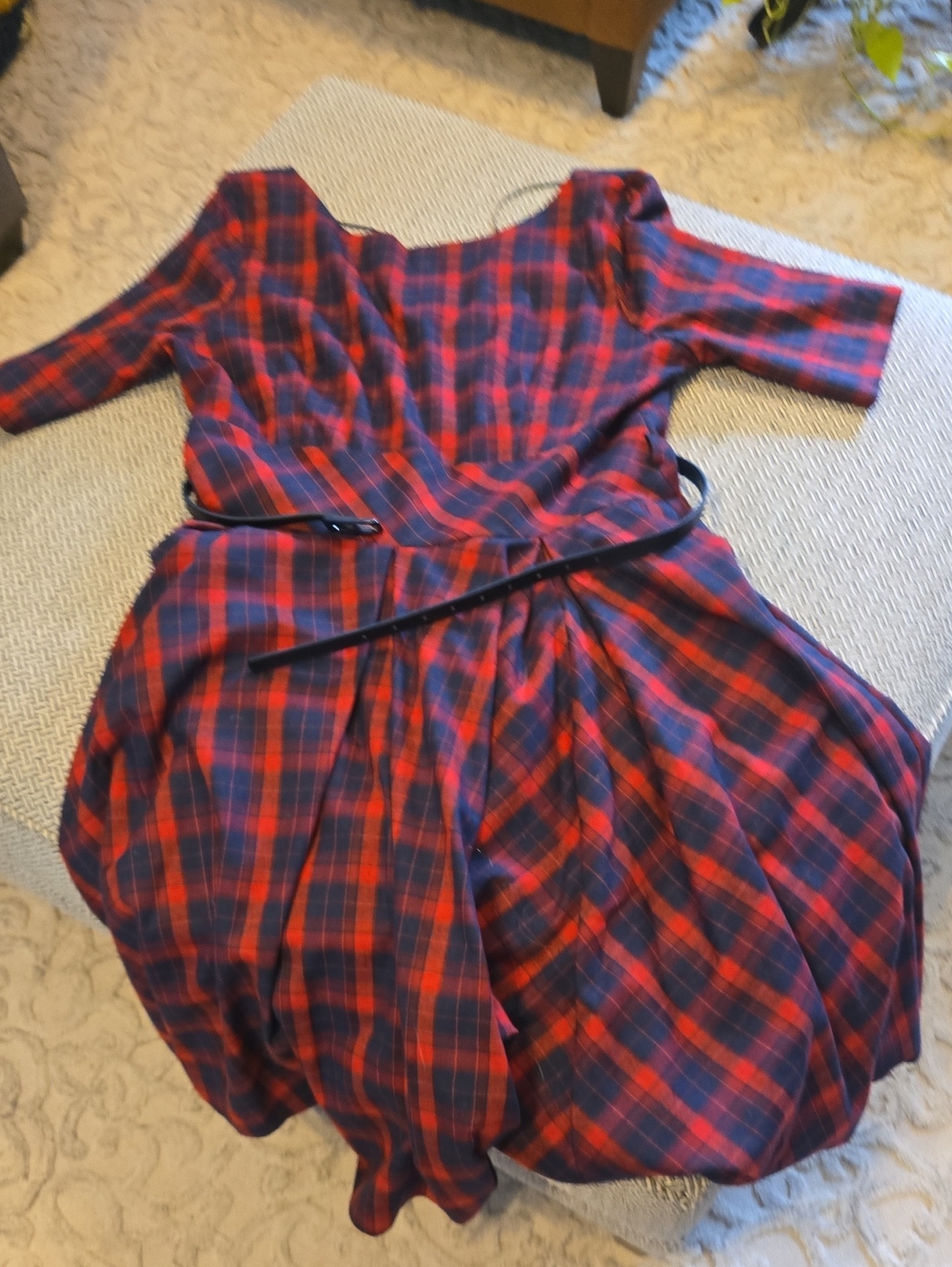Women’s Red and Navy Plaid Midi Dress with Belt